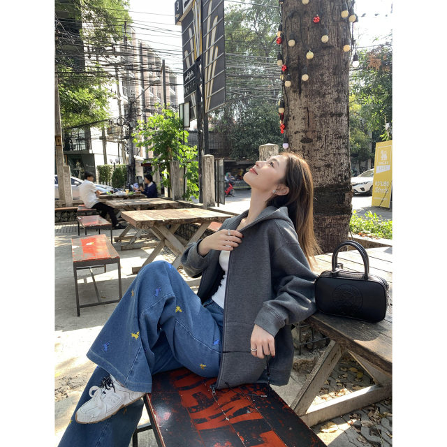 pusumede puppy embroidered age-reducing wide-leg straight jeans for women's design loose trousers high-waist casual pants