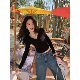 pusumede lace spliced ​​v-neck knitted cardigan for women's design short style slim long-sleeved T-shirt top