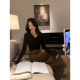 pusumede black v-neck polo sweater for women in spring and autumn slim long sleeves inner bottom shirt top