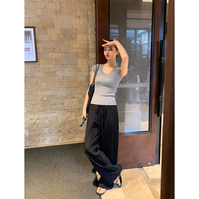 pusumede black loose casual wide-leg pants for women 2025 summer thin high waist slimming drooping floor trousers