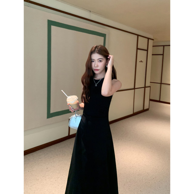 
pusumede black round neck knitted vest dress for women with waist slim design slit bottoming skirt