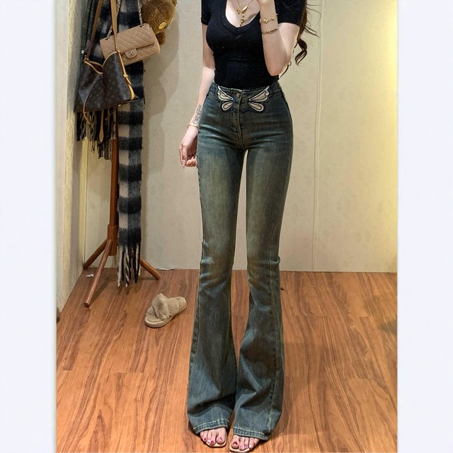 Li Li retro embroidered high-waisted slim and slightly flared jeans for women 2025 summer new stretch slim floor pants