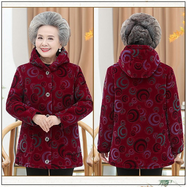 Grandma's winter coat, thickened velvet cotton coat, elderly women's winter plus size old lady's cotton coat hooded