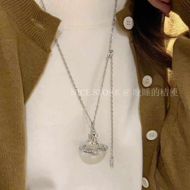 Late Sleeping Platycodon Curvature Flying Saturn Sweet Cool Transparent Ball Sweater Chain Light Luxury High-end Versatile Necklace