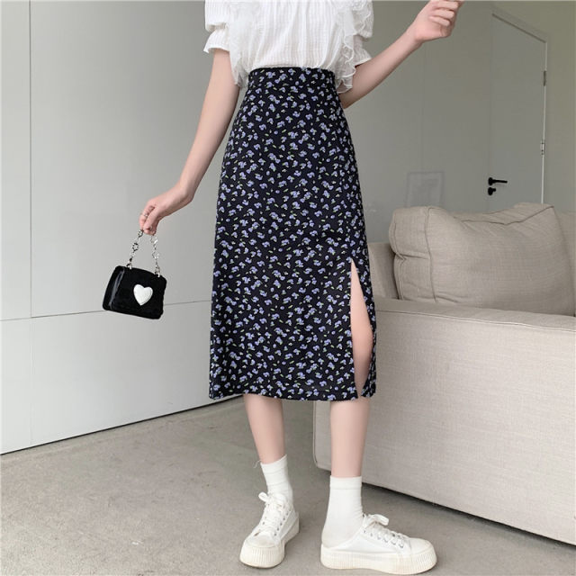 Chiffon mid-length sweet floral skirt large size high waist slim arm-packing skirt fat mm hip long skirt
