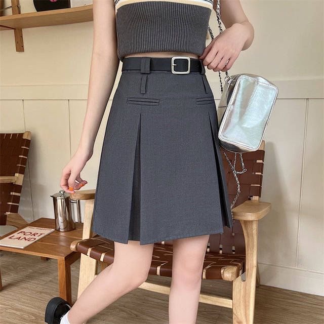
Gray pleated suit skirt for women in summer style versatile textured skirt fat mm small person A-line short skirt
