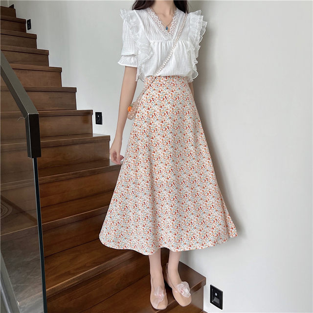 Sweet chiffon skirt fat mm floral mid-length large hem skirt 2024 new versatile large size printed umbrella skirt summer