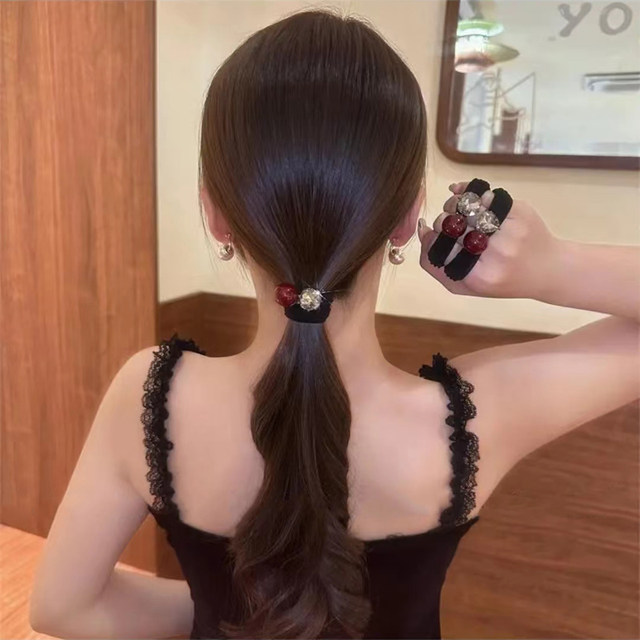 Anchor red pearl sparkling diamond hair band for women 2024 new style rubber band hair rope high-end hair rope hair accessory