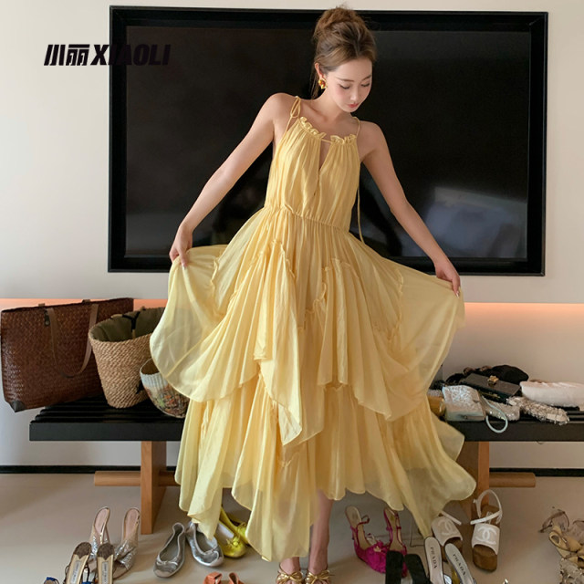 Xiaoli amber wind chiffon acetate suspender halter neck dress summer temperament beautiful vacation long skirt