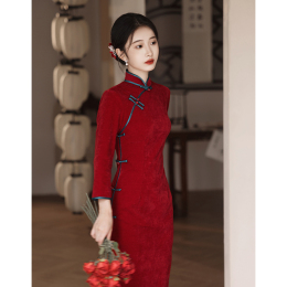 Red Cheong Cheongsam Toasting Bride 2023 New Wedding Improvement Chinese Long Custom Wedding Dress Women Long Sleeves