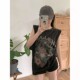 American retro sleeveless vest T-shirt for women in summer sweet and cool black print sports loose mid-length top trendy