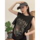 American retro sleeveless vest T-shirt for women in summer sweet and cool black print sports loose mid-length top trendy