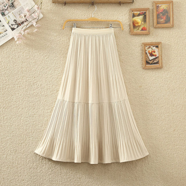 2024 Spring and Autumn New Elastic High Waist All-match Corduroy Pleated Skirt Spliced ​​Velvet Skirt Long Skirt Women's Skirt
