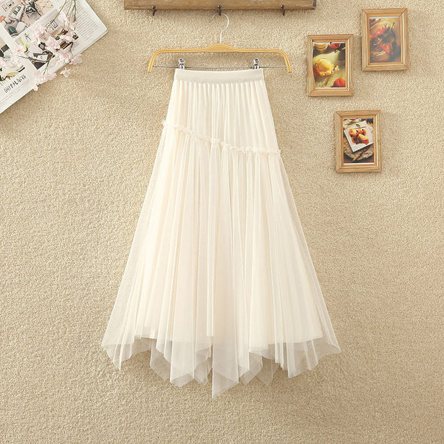Irregular mesh two-sided skirt for women with high waisted splicing beaded double veil skirt for women in spring and summer