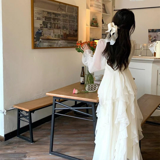 Ruffled long-sleeved French niche square collar chiffon skirt for women 2025 spring and summer new fairy princess dress