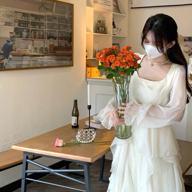 Ruffled long-sleeved French niche square collar chiffon skirt for women 2025 spring and summer new fairy princess dress