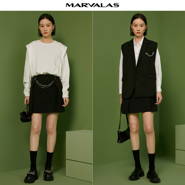 Mandesey black simple short skirt 2025 autumn new irregular splicing skirt to make you look slim and hip A-line skirt
