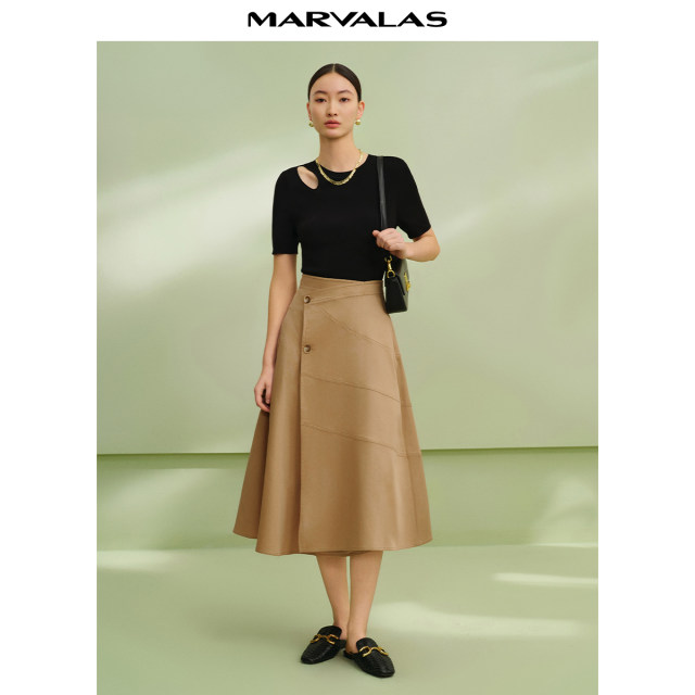 Mandesi cotton solid color skirt 2025 summer new high-waisted literary medium-length spliced ​​A-line skirt for women