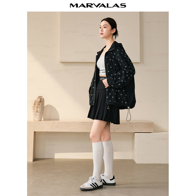 Mandes' mid-length trench coat 2025 autumn new fashion full print loose hooded jacket zipper jacket for women