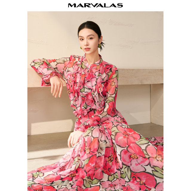 Mandesy design shirt 2025 autumn new fashion contrast printed shirt lace flared sleeve top for women