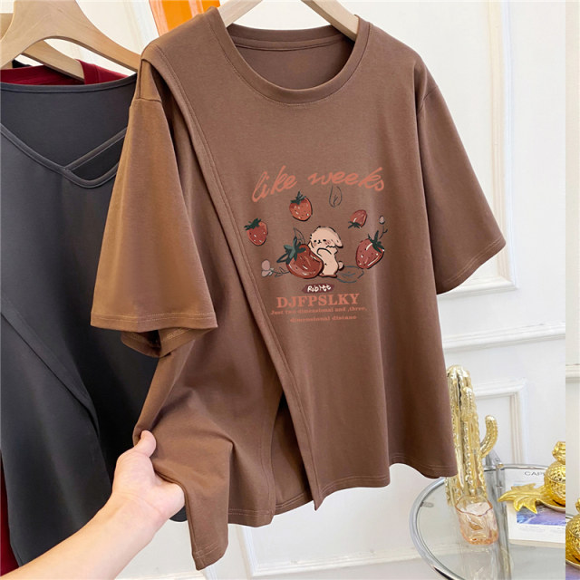 Extra large size 300Jin [Jin equals 0.5 kg] Interesting pattern printed hem slit round neck short-sleeved T-shirt for women in summer fat MM loose top