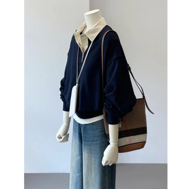 Extra large size 300 Jin [Jin equals 0.5 kg] Niche design polo neck fake two-piece contrasting spliced ​​sweatshirt for women autumn fat MM lapel top