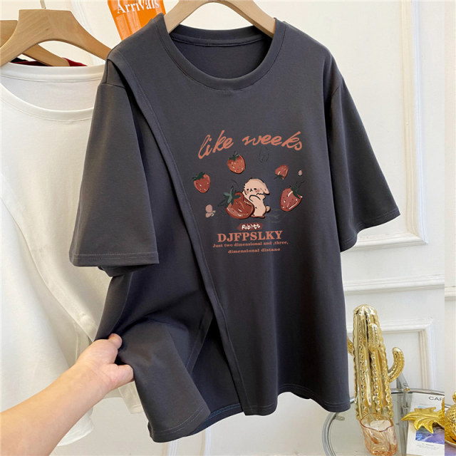 Extra large size 300Jin [Jin equals 0.5 kg] Interesting pattern printed hem slit round neck short-sleeved T-shirt for women in summer fat MM loose top