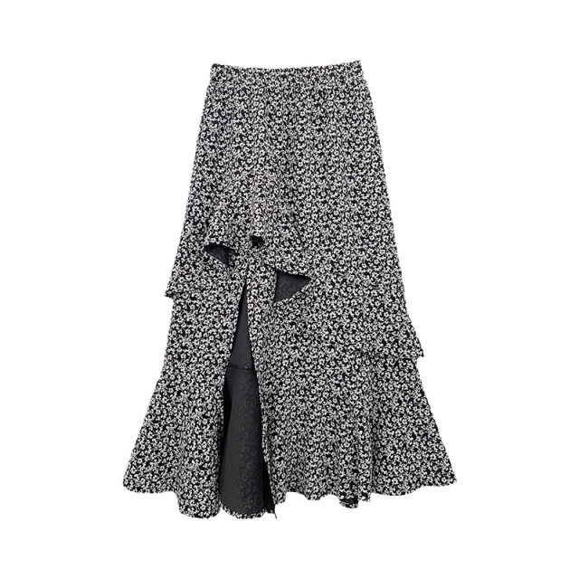 French retro floral skirt for women in spring and summer 2025 new irregular ruffled hem fish tail long skirt