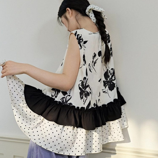 Wide color v-neck ink printing spliced ​​earrings polka dot suspender vest women's 25 summer new sleeveless top long