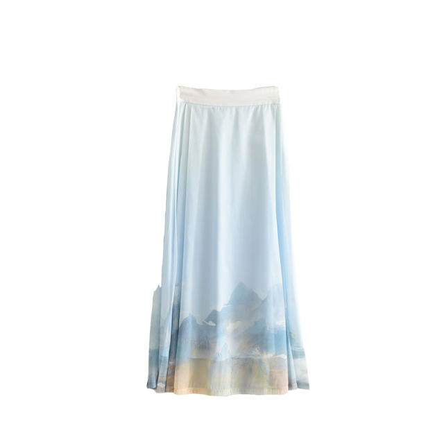 Colorful modified thin horse-faced skirt new Chinese style high-waisted slim Chinese style printed long pleated skirt
