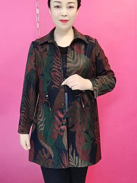 Spring and Autumn Coat Fashion Jacket Middle-aged Fat Mother's Outfit Slim Loose Ethnic Style Medium-Length Trench Coat Trend