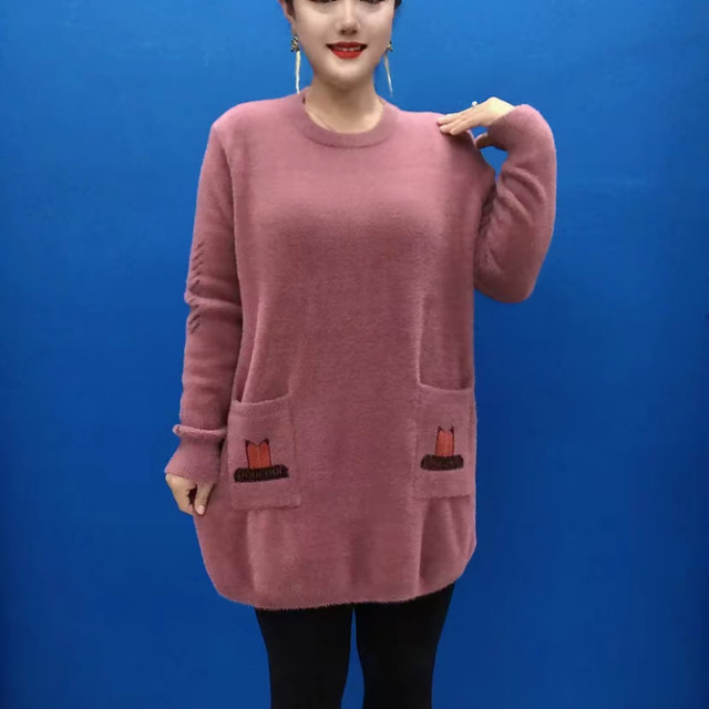 New autumn and winter mother's clothing thickened mink velvet fashionable mid-length style sweater loose slim double pocket large version sweater