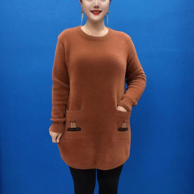 New autumn and winter mother's clothing thickened mink velvet fashionable mid-length style sweater loose slim double pocket large version sweater