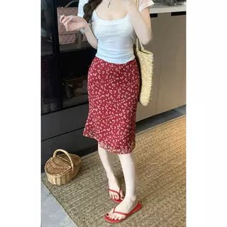 Korean sweet girl design floral red high-waisted skirt spring and summer new temperament versatile fishtail A-line skirt for women