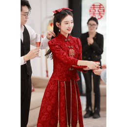 New Chinese toast Bride Wine Red Cheong Cheongsam Improved Minimalist Heo New 2023 Two-piece Wedding Dress