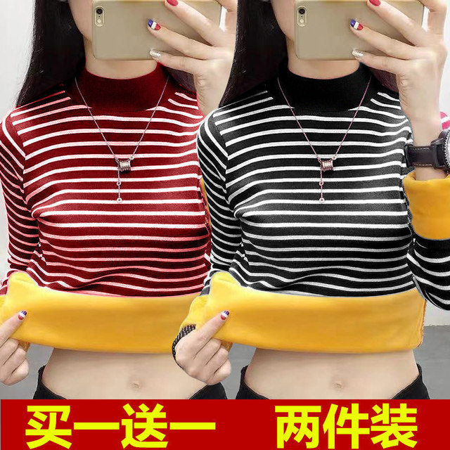 Ploved velvet thick inner bottom shirt female autumn and winter new large size half -high -neck stripe long -sleeved T -shirt warm top
