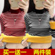 Ploved velvet thick inner bottom shirt female autumn and winter new large size half -high -neck stripe long -sleeved T -shirt warm top

