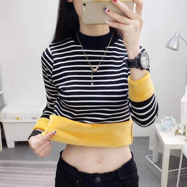 Ploved velvet thick inner bottom shirt female autumn and winter new large size half -high -neck stripe long -sleeved T -shirt warm top
