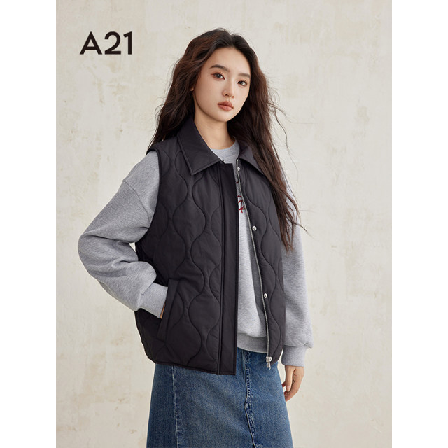 A21 women's black sleeveless cotton jacket 2024 Winter new simple vest dark buckle down cotton polo collar cotton clothes