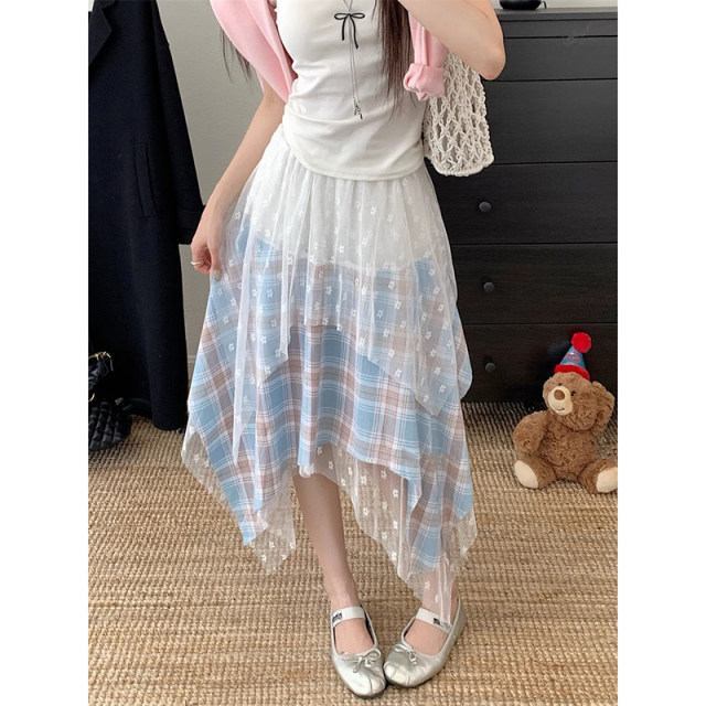 Sweet style irregular lace spliced ​​plaid skirt for women 2025 summer high waist slim A-line skirt
