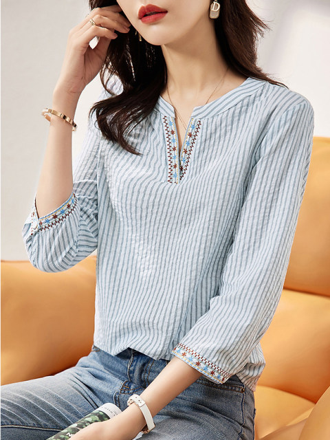 100% pure cotton high-end seven-quarter sleeve striped shirt for women in spring and autumn new versatile ethnic style age-reducing design V-neck