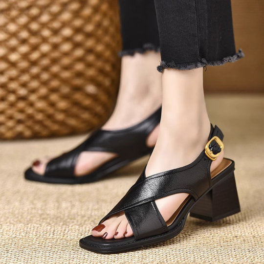 6cm square toe thick heels high heels for women 2025 summer new comfortable soft leather open toe one-strip Roman sandals
