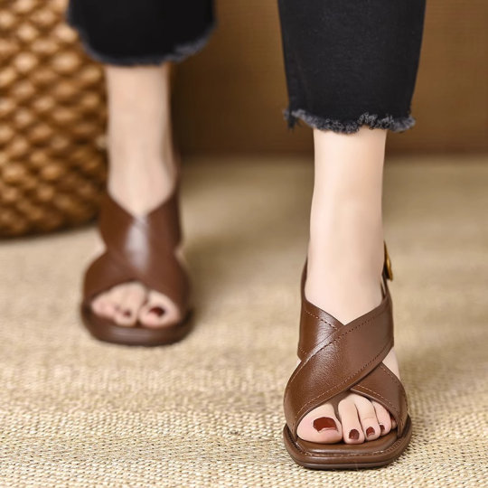 6cm square toe thick heels high heels for women 2025 summer new comfortable soft leather open toe one-strip Roman sandals
