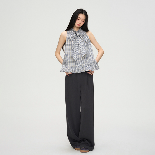 PUNCH25SS plaid long bow tie lace top summer women's design retro plaid vest