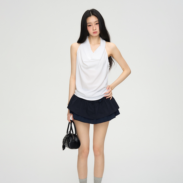 PUNCH 25SS white swing collar halter neck sleeveless white top for breast