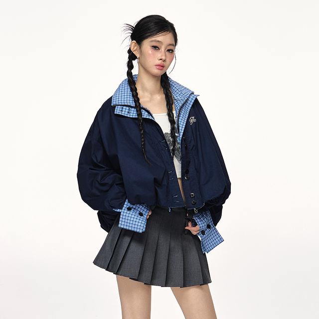 PUNCH two-sided cotton retro contrasting plaid jacket design sense autumn jacket
