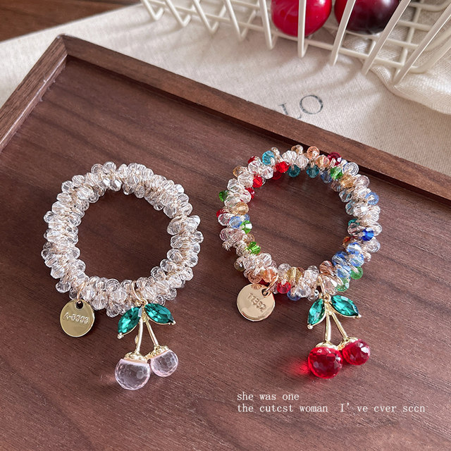 
Colorful crystal cherry hair ring for women high elastic ponytail hair rope durable head rope bracelet dual-purpose rubber band best friend hair accessories