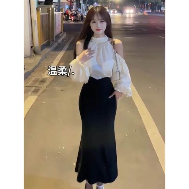 Fishtail bag shirt, flared sleeves, neck, women's high autumn hips, same style skirt, thin flared internet celebrity waist, sleeves, hanging new style