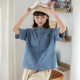 Ideal Island Denim Short-sleeved Shirt for Women 2025 Summer New Japanese Loose Small Fresh Design Pullover Shirt
