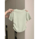 Light green short-sleeved T-shirt summer 2024 trendy cartoon embroidery slim fit pleated short round neck top Korean women's clothing
